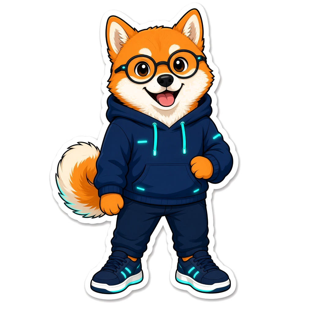 SWARMINU mascot — a tech Shiba Inu in a hoodie with circuit accents