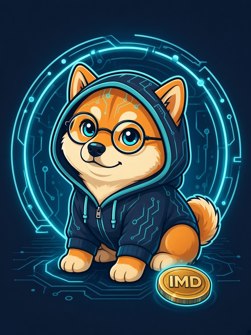 A baby Shiba stepping through a cyan portal into the IMD swarm